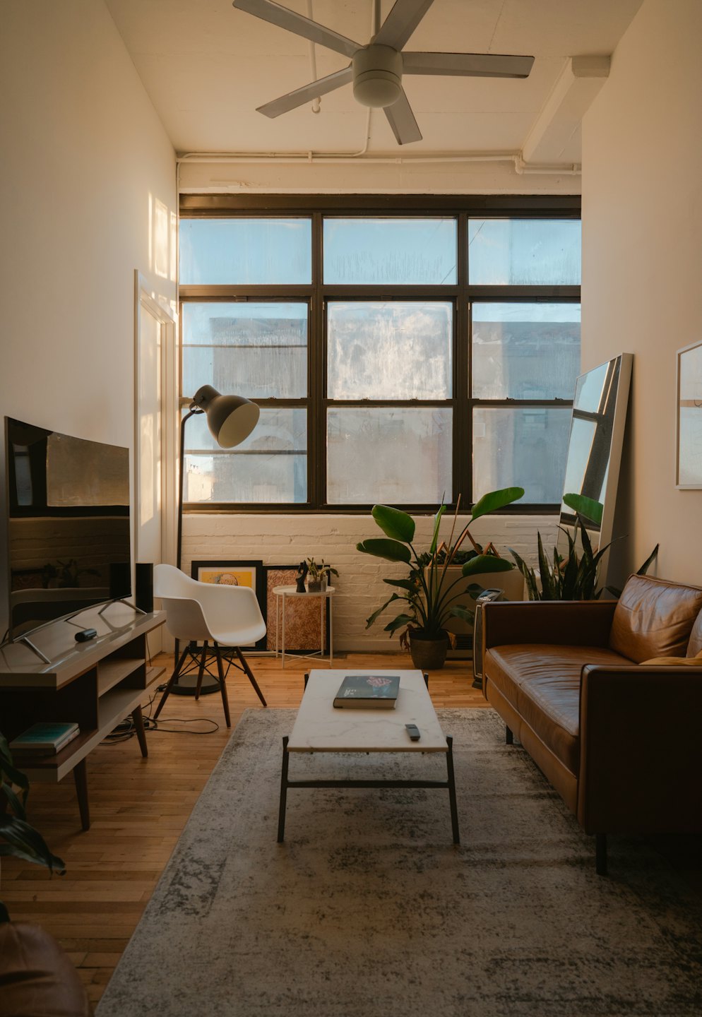 Modernes Wohnzimmer mit Ledersofa und Zimmerpflanzen.