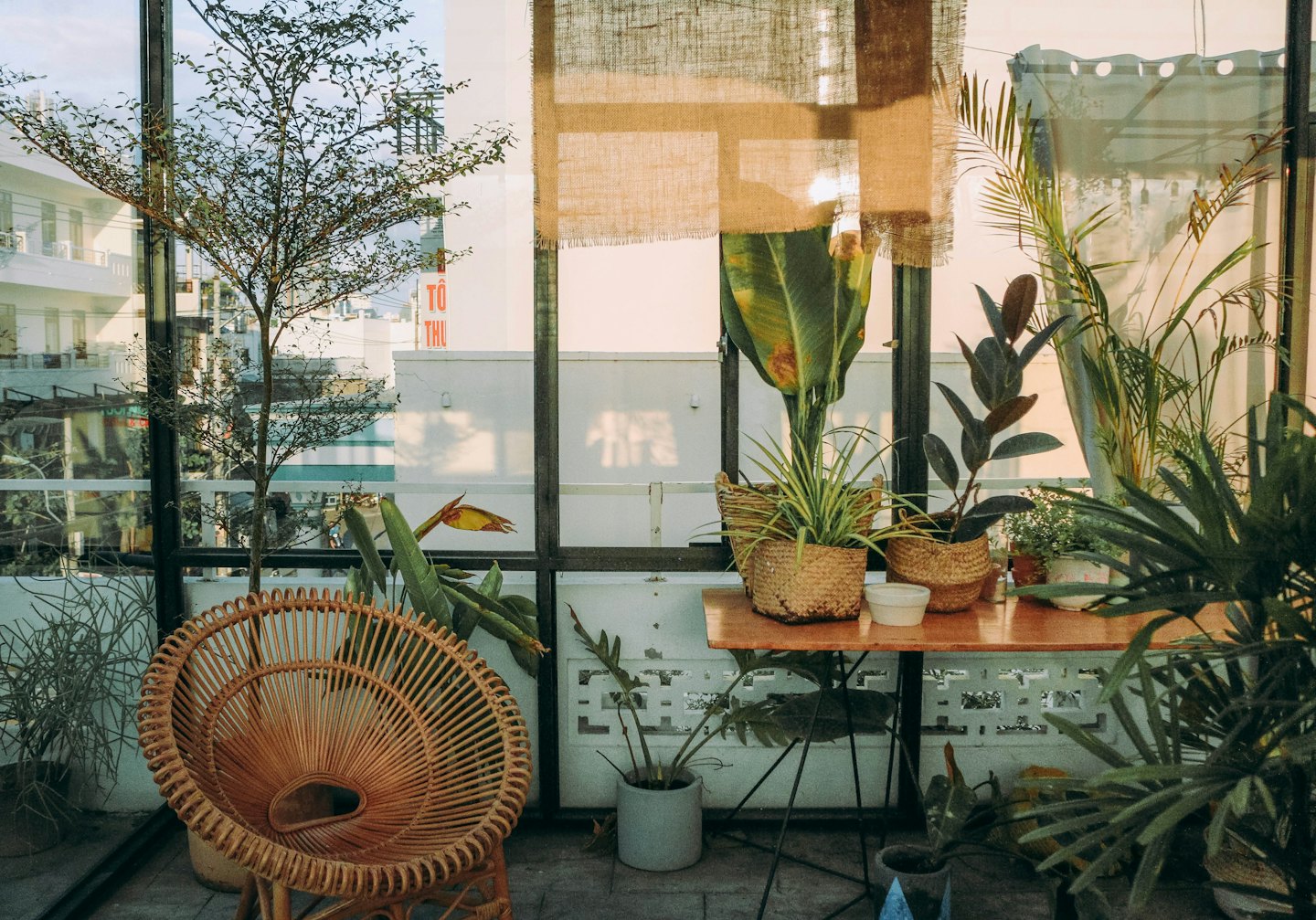 Ein sonnenbeschienener Balkon mit Topfpflanzen und einem Korbstuhl.